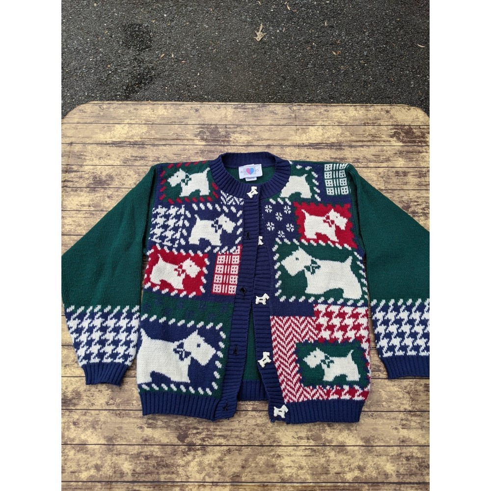 Vintage Heartworks Kids Youth Dog Scottie Green Acrylic Sweater USA Large 14
